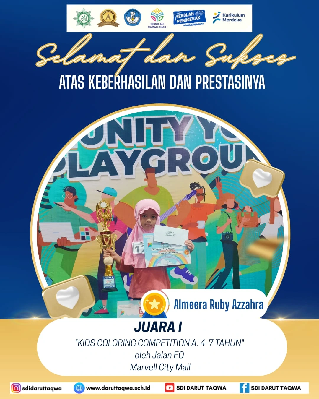 Prestasi Membanggakan! Almeera Ruby Azzahra Raih Juara I Lomba Mewarnai di Marvell City Mall