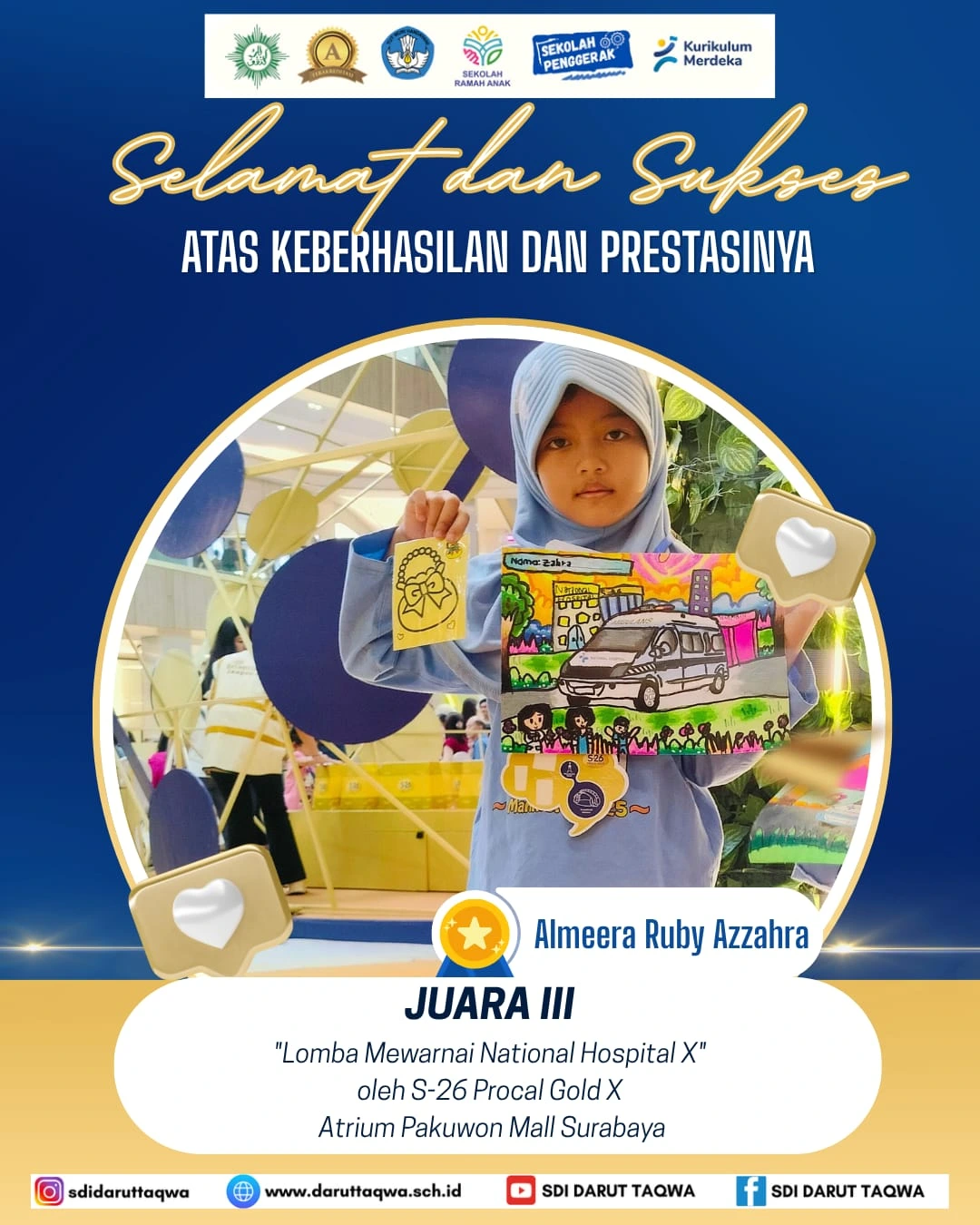 Siswi SDI Darut Taqwa Raih Juara III Lomba Mewarnai National Hospital X